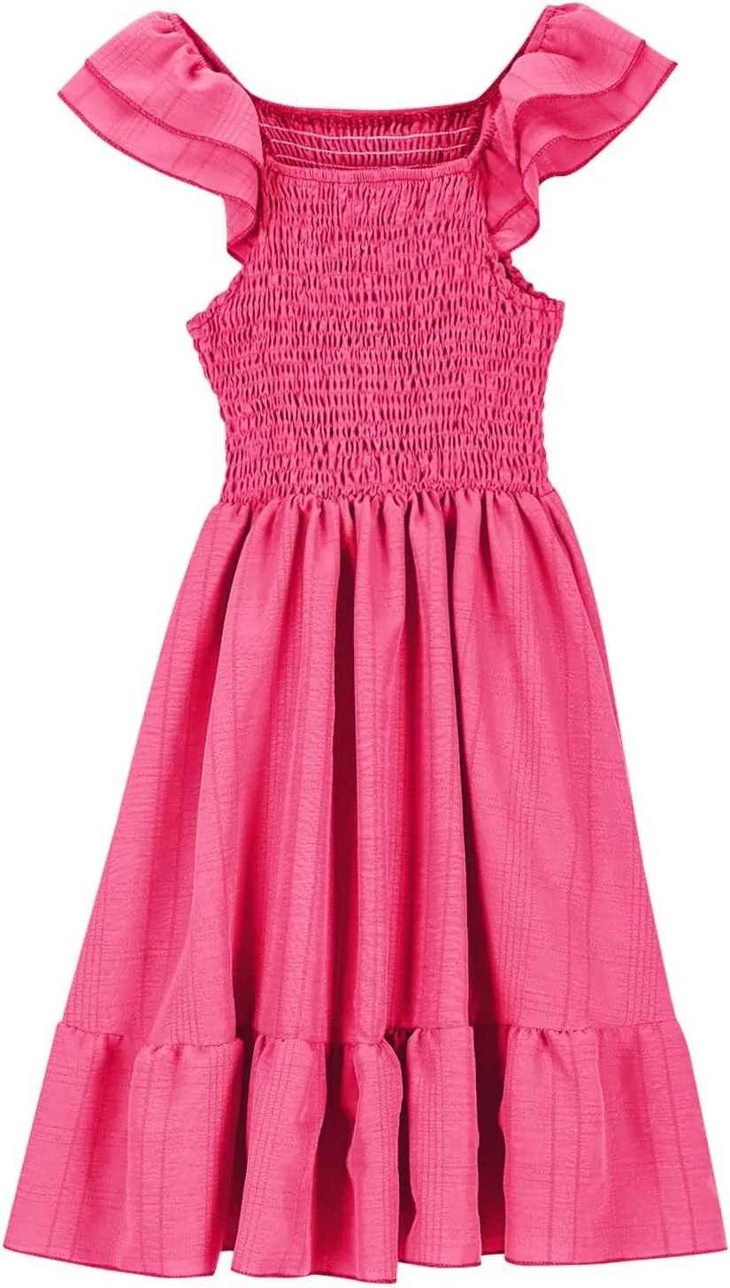 Girls Casual Dress Summer Flutter Sleeve Swing Dresses Kids Smocked Ruffle Mini Skirts Solid Color Tiered Sundress