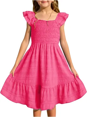 Girls Casual Dress Summer Flutter Sleeve Swing Dresses Kids Smocked Ruffle Mini Skirts Solid Color Tiered Sundress