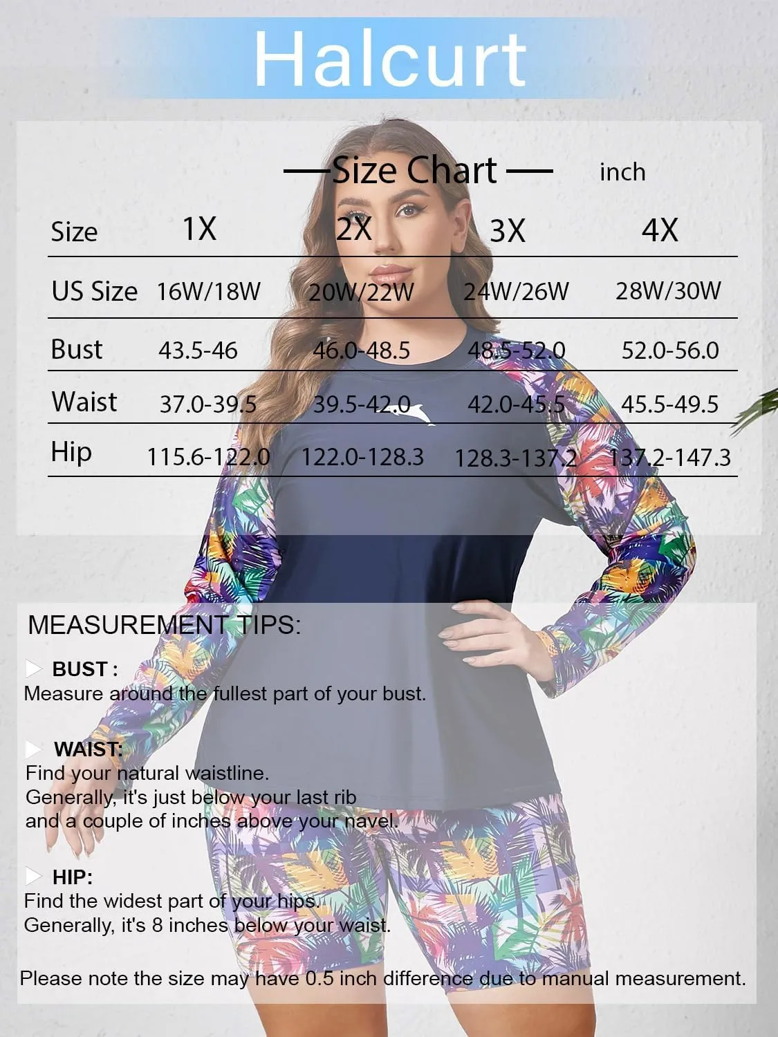 Halcurt Women's Built in Bra Long Sleeve Rash Guard Plus Size 2 Piece Swimsuit Shirt and Shorts