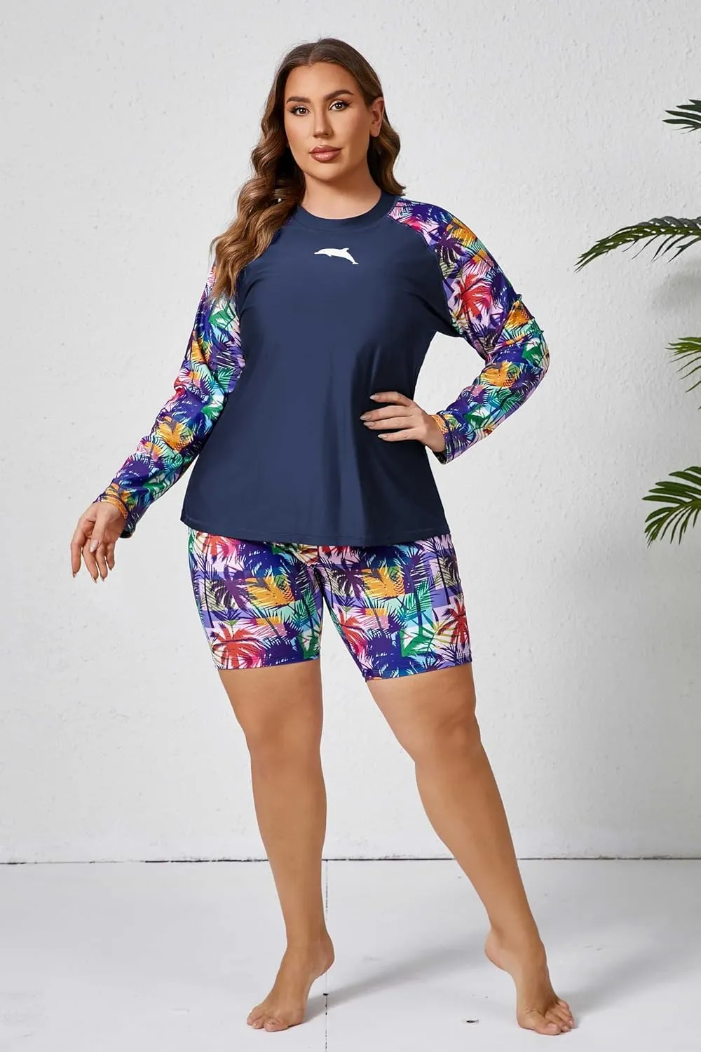 Halcurt Women's Built in Bra Long Sleeve Rash Guard Plus Size 2 Piece Swimsuit Shirt and Shorts