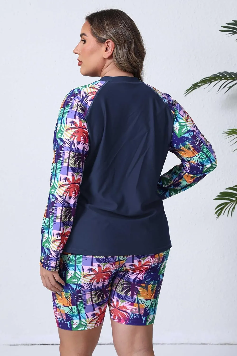 Halcurt Women's Built in Bra Long Sleeve Rash Guard Plus Size 2 Piece Swimsuit Shirt and Shorts