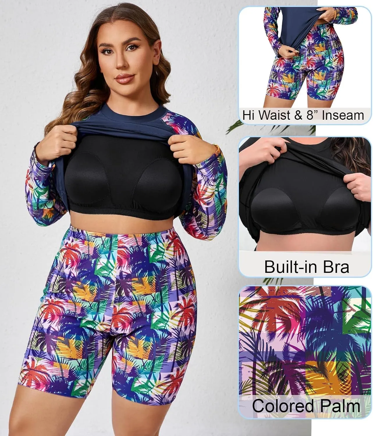 Halcurt Women's Built in Bra Long Sleeve Rash Guard Plus Size 2 Piece Swimsuit Shirt and Shorts