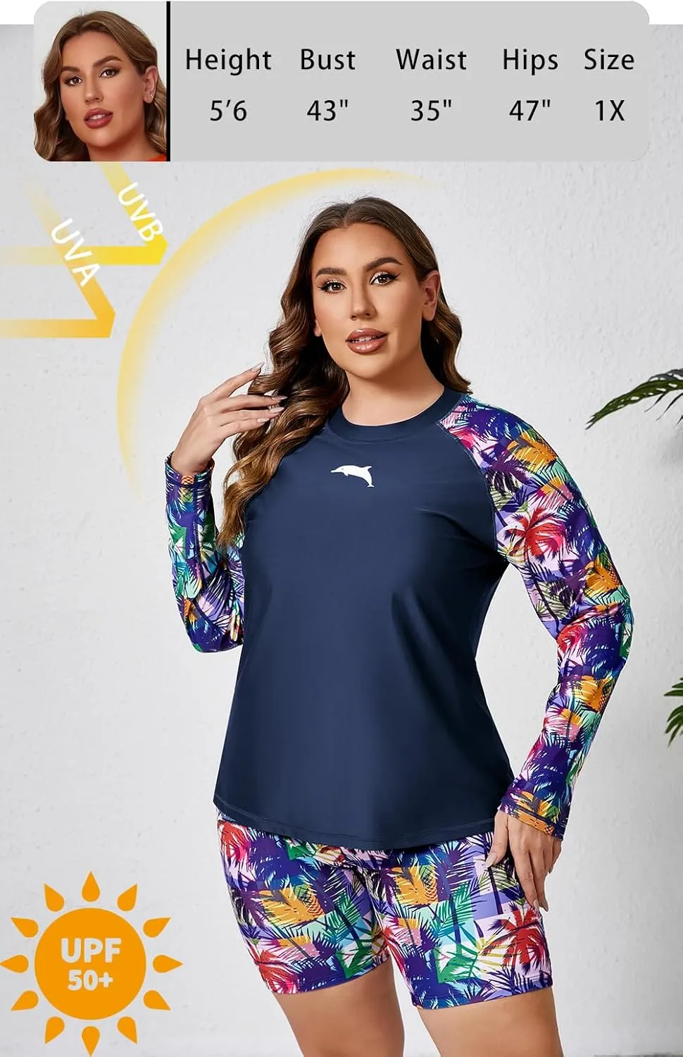 Halcurt Women's Built in Bra Long Sleeve Rash Guard Plus Size 2 Piece Swimsuit Shirt and Shorts