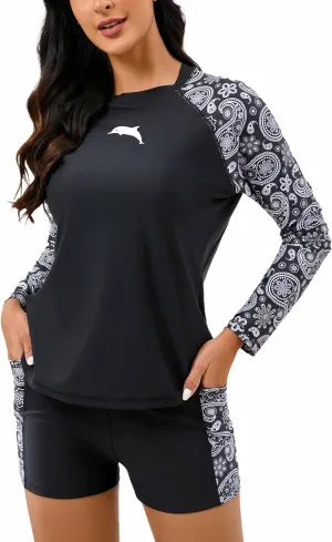 Halcurt Women's Built in Bra Rash Guard Long Sleeve Swimwear UPF 50 Two Piece Swim Shorts and Tops