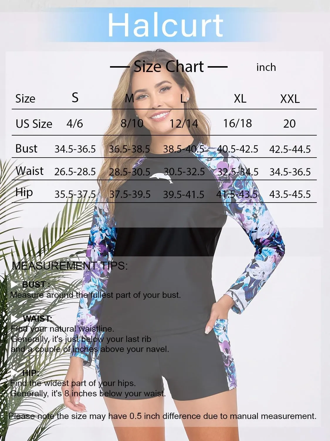 Halcurt Women's Built in Bra Rash Guard Long Sleeve Swimwear UPF 50 Two Piece Swim Shorts and Tops