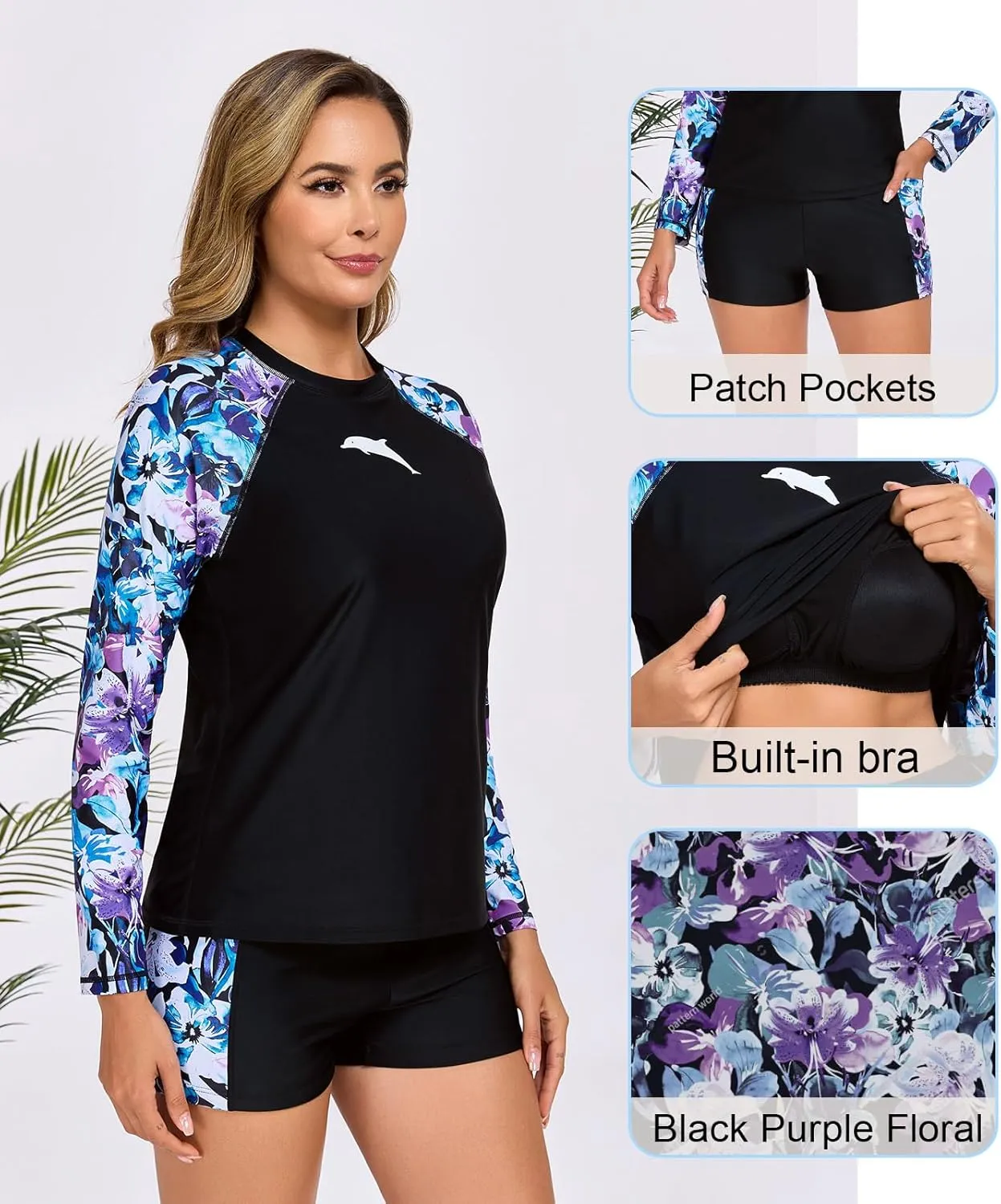 Halcurt Women's Built in Bra Rash Guard Long Sleeve Swimwear UPF 50 Two Piece Swim Shorts and Tops