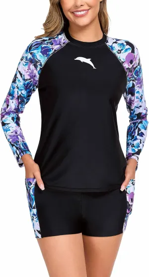 Halcurt Women's Built in Bra Rash Guard Long Sleeve Swimwear UPF 50 Two Piece Swim Shorts and Tops