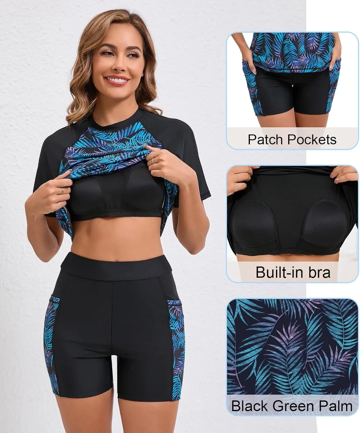 Halcurt Women's Two Piece Rash Guard Swim Shirts Built in Bra Swimsuit with Boyshorts with Pockets
