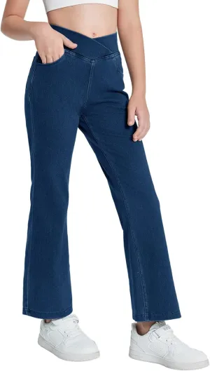 Haloumoning Girls Crossover Flare Jeans Stretchy Bootcut Yoga Pants Bell Bottoms with Pockets