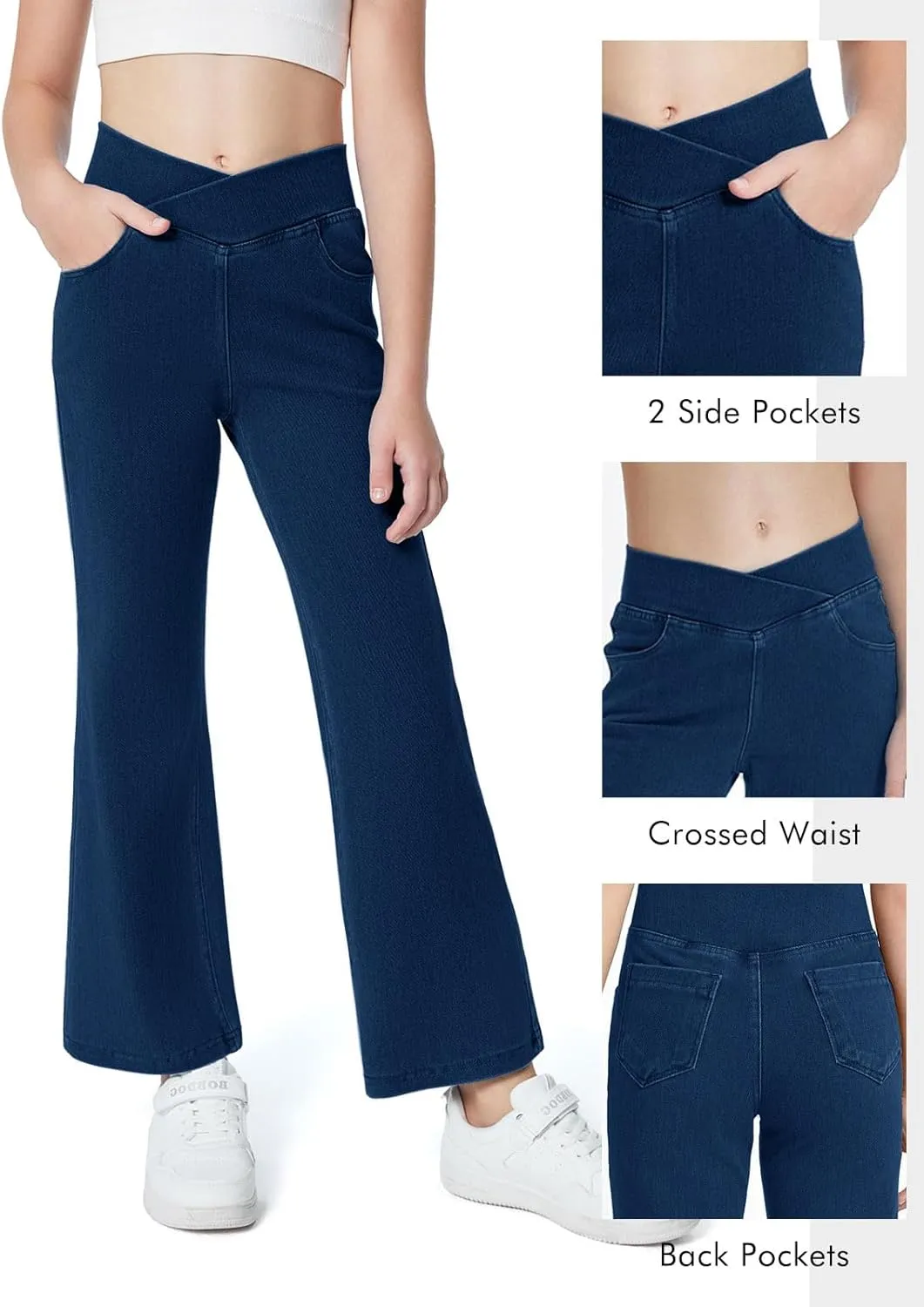 Haloumoning Girls Crossover Flare Jeans Stretchy Bootcut Yoga Pants Bell Bottoms with Pockets