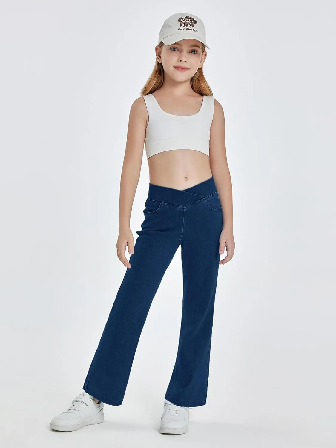 Haloumoning Girls Crossover Flare Jeans Stretchy Bootcut Yoga Pants Bell Bottoms with Pockets