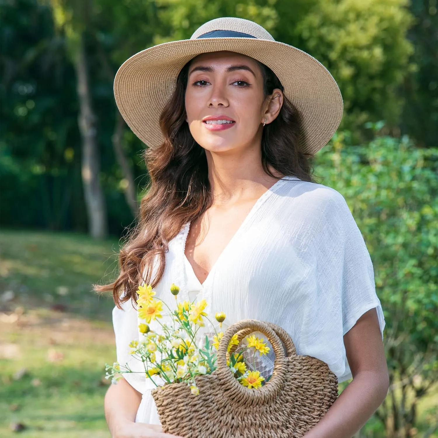 Jasmine Womens Sun Hat Foldable Wide Brim Lightweight UPF 50  Sun Protection Straw Beach Hat