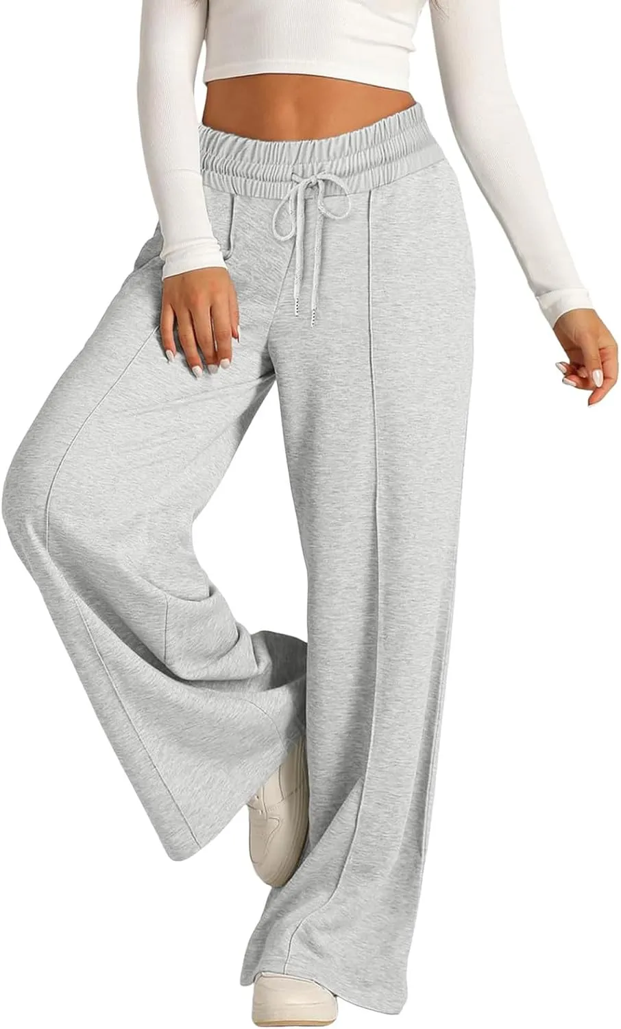 JiXiang Spring Pants for Women 2025 Casual Sweatpants Women Baggy Wide Leg Drawstring Straight Leg High Waist Joggers Trouser