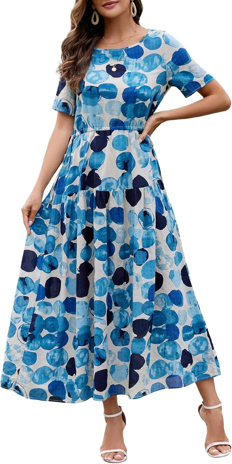 Kormei Women Casual Short Sleeve Loose Drawstring Bohemian Floral Dress Summer Beach Swing Long Maxi Dresses