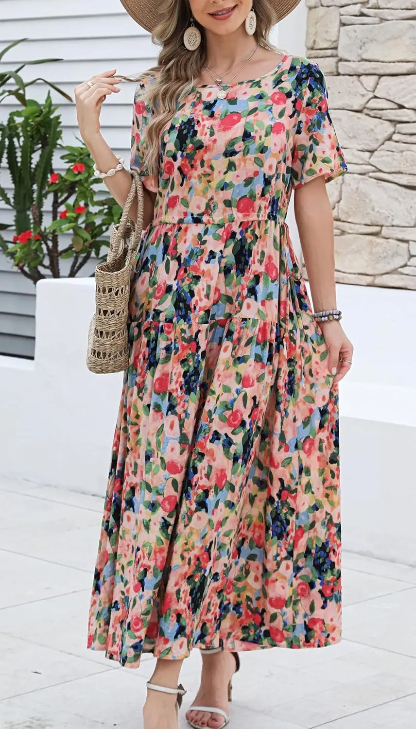 Kormei Women Casual Short Sleeve Loose Drawstring Bohemian Floral Dress Summer Beach Swing Long Maxi Dresses