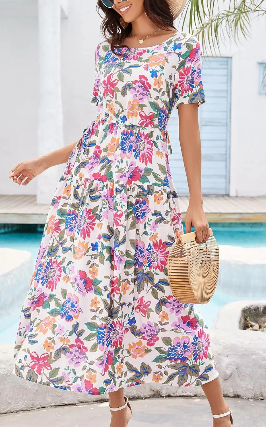 Kormei Women Casual Short Sleeve Loose Drawstring Bohemian Floral Dress Summer Beach Swing Long Maxi Dresses