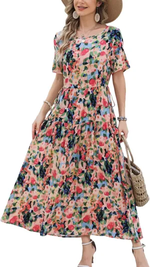 Kormei Women Casual Short Sleeve Loose Drawstring Bohemian Floral Dress Summer Beach Swing Long Maxi Dresses