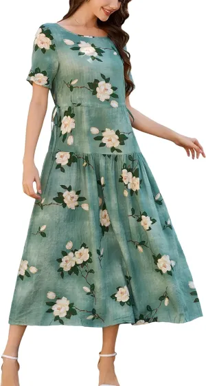 Kormei Women Casual Short Sleeve Loose Drawstring Bohemian Floral Dress Summer Beach Swing Long Maxi Dresses