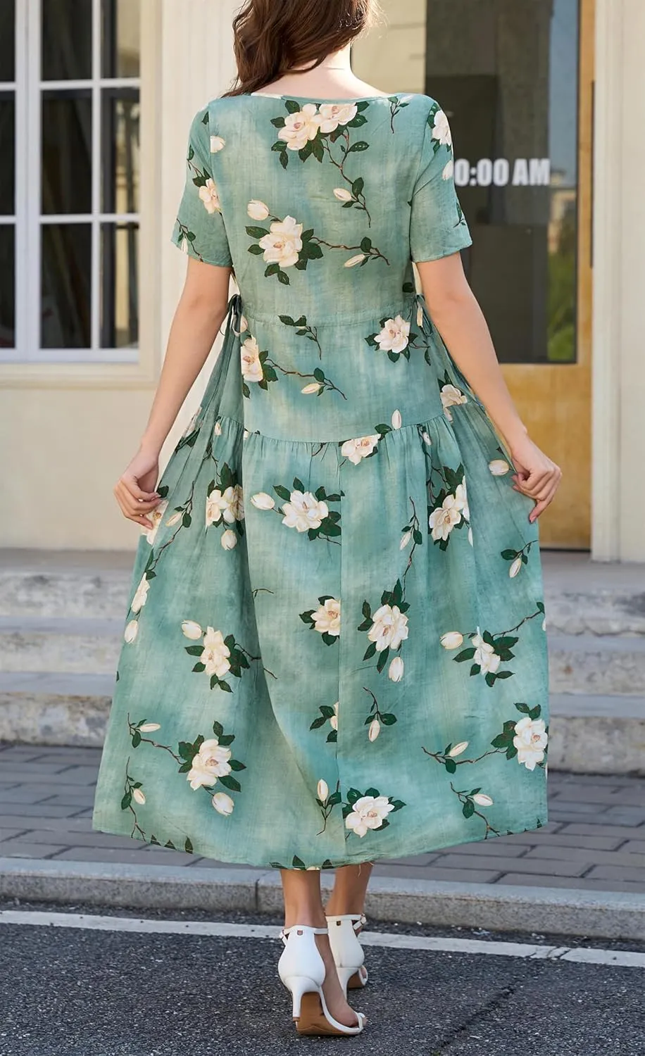 Kormei Women Casual Short Sleeve Loose Drawstring Bohemian Floral Dress Summer Beach Swing Long Maxi Dresses