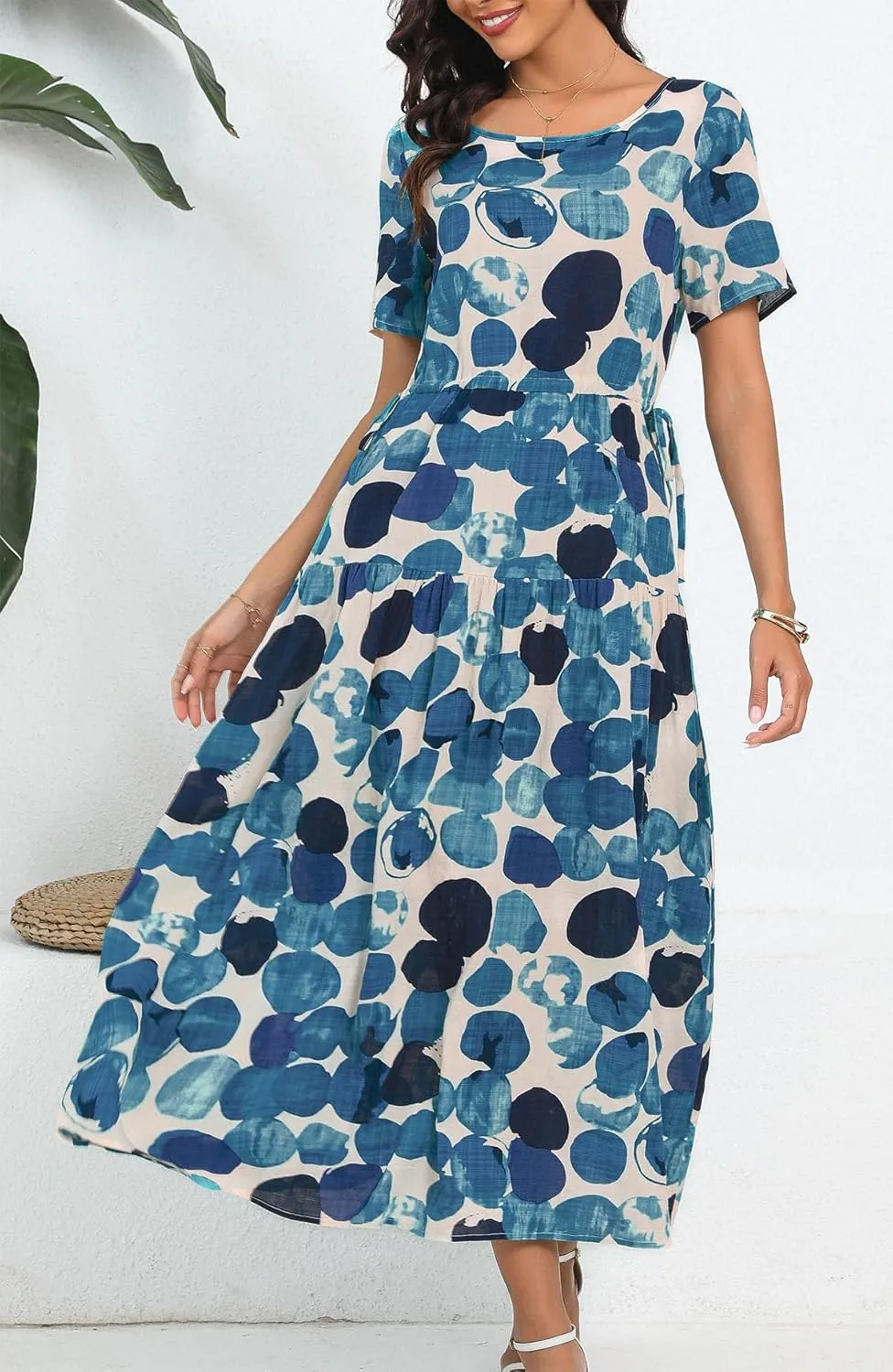 Kormei Women Casual Short Sleeve Loose Drawstring Bohemian Floral Dress Summer Beach Swing Long Maxi Dresses