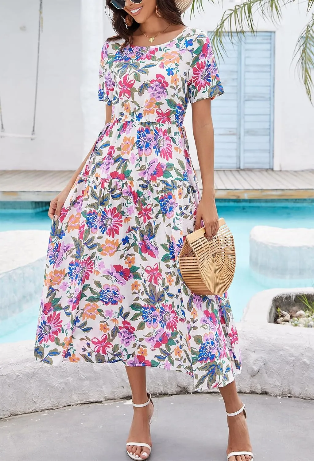 Kormei Women Casual Short Sleeve Loose Drawstring Bohemian Floral Dress Summer Beach Swing Long Maxi Dresses