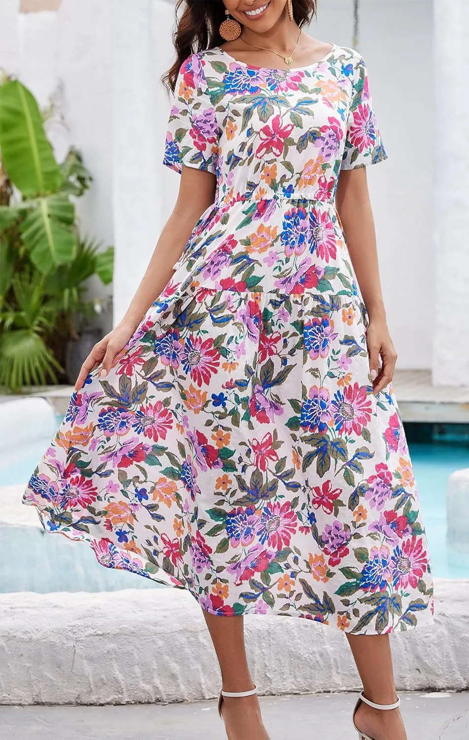 Kormei Women Casual Short Sleeve Loose Drawstring Bohemian Floral Dress Summer Beach Swing Long Maxi Dresses