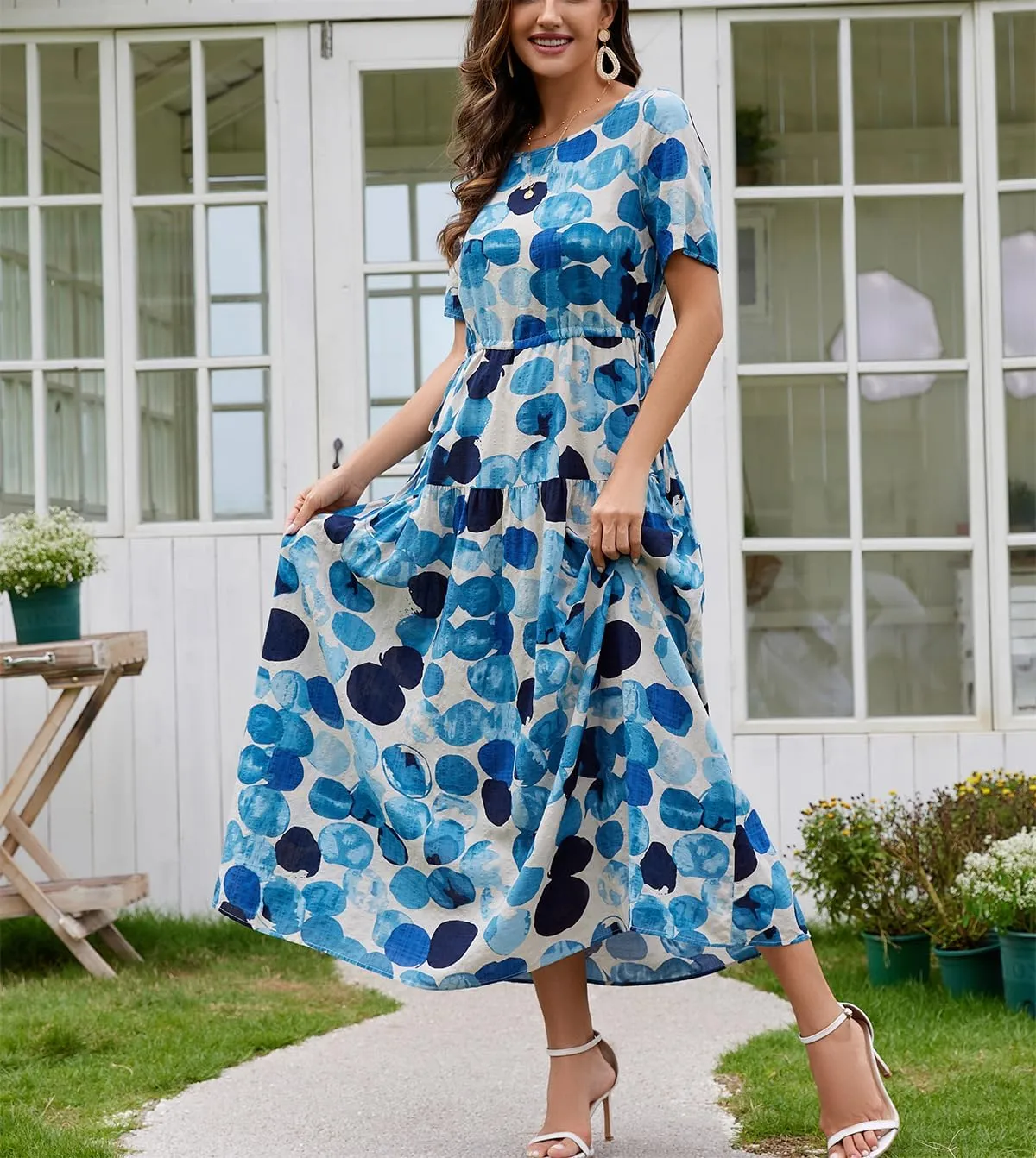 Kormei Women Casual Short Sleeve Loose Drawstring Bohemian Floral Dress Summer Beach Swing Long Maxi Dresses