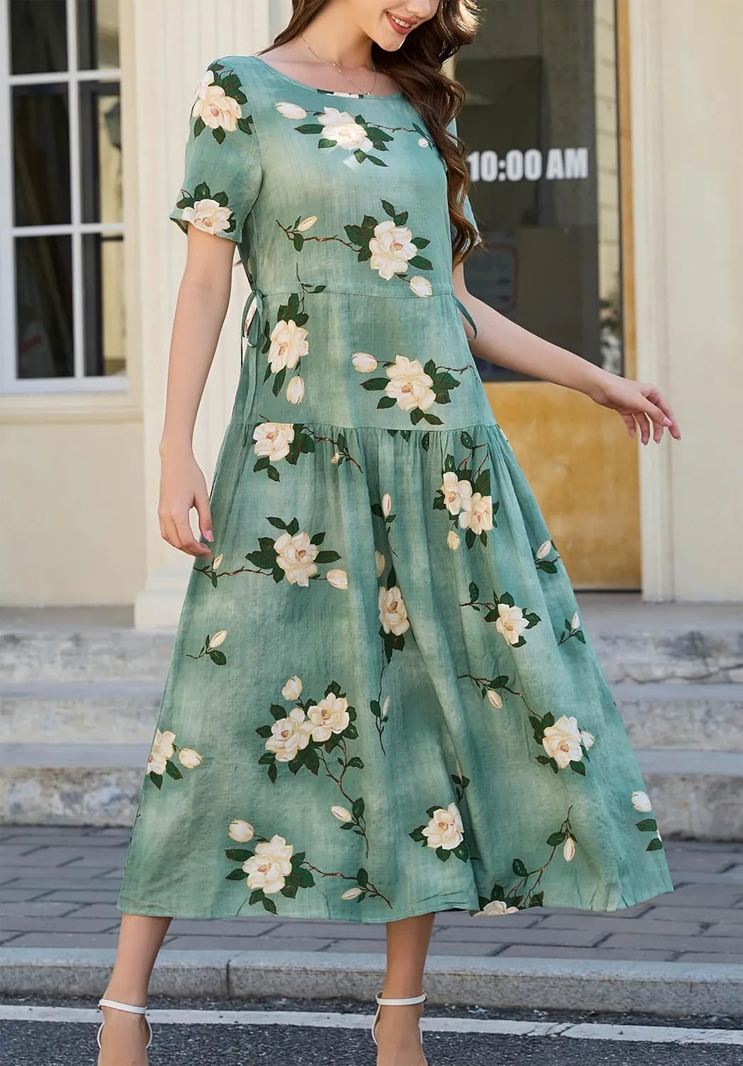 Kormei Women Casual Short Sleeve Loose Drawstring Bohemian Floral Dress Summer Beach Swing Long Maxi Dresses