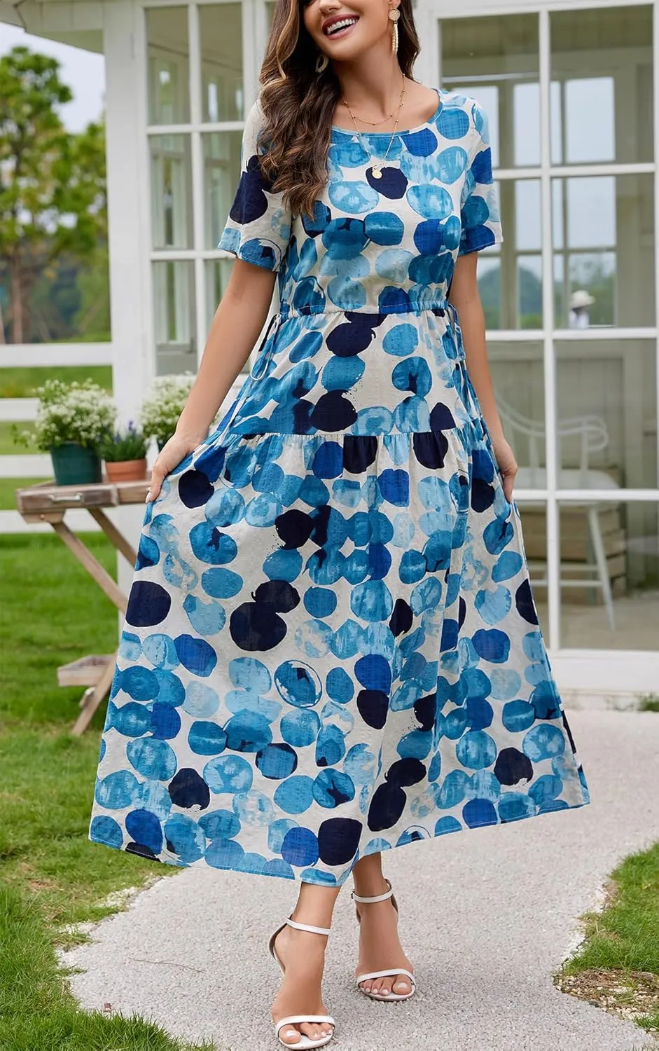 Kormei Women Casual Short Sleeve Loose Drawstring Bohemian Floral Dress Summer Beach Swing Long Maxi Dresses