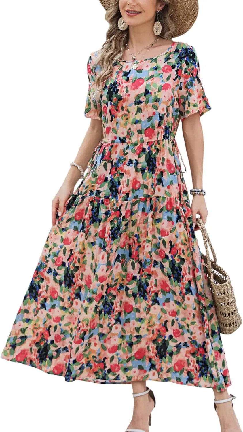 Kormei Women Casual Short Sleeve Loose Drawstring Bohemian Floral Dress Summer Beach Swing Long Maxi Dresses