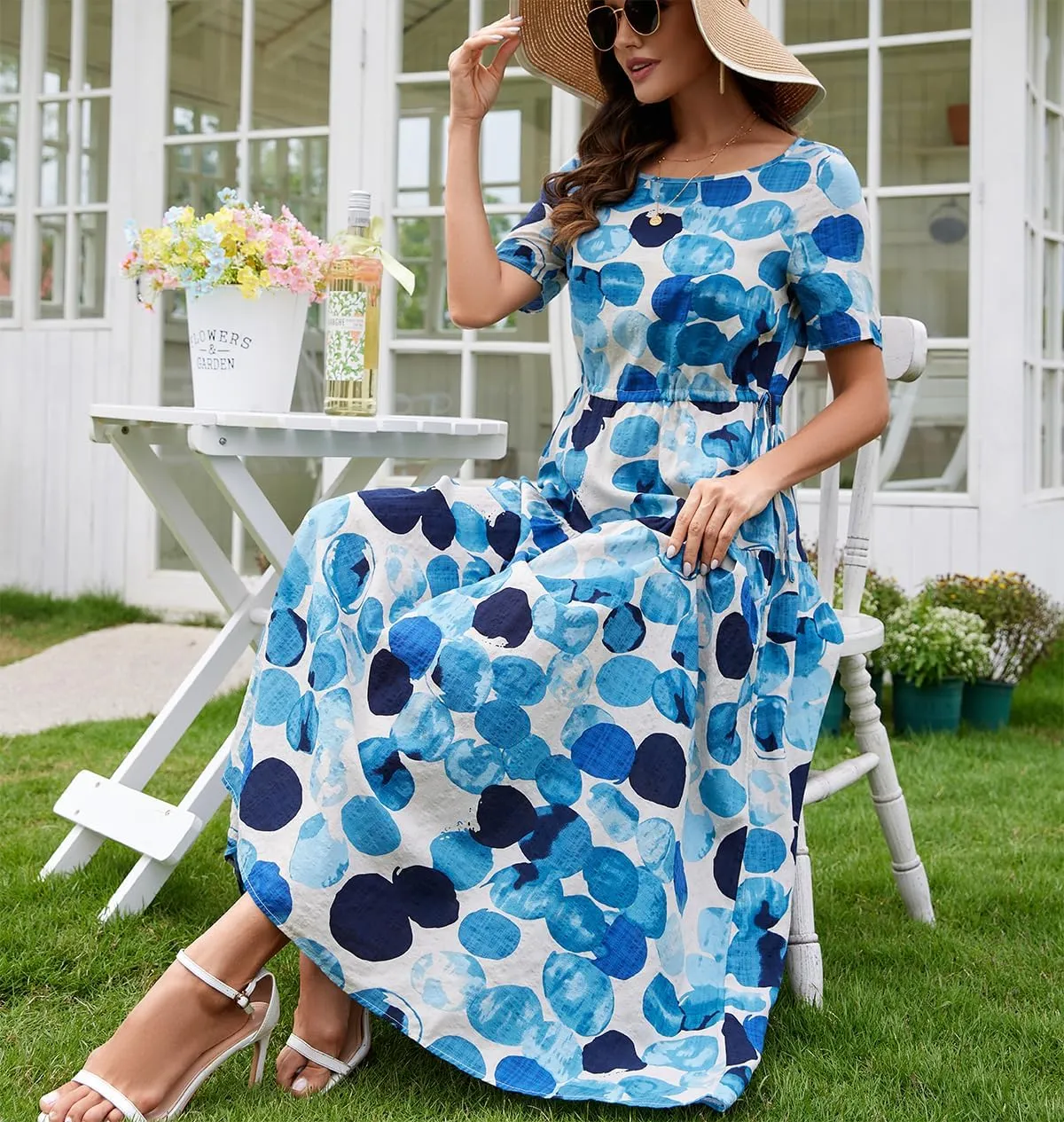 Kormei Women Casual Short Sleeve Loose Drawstring Bohemian Floral Dress Summer Beach Swing Long Maxi Dresses