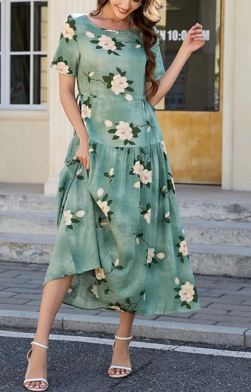 Kormei Women Casual Short Sleeve Loose Drawstring Bohemian Floral Dress Summer Beach Swing Long Maxi Dresses