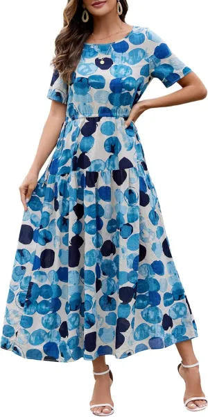 Kormei Women Casual Short Sleeve Loose Drawstring Bohemian Floral Dress Summer Beach Swing Long Maxi Dresses