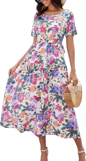 Kormei Women Casual Short Sleeve Loose Drawstring Bohemian Floral Dress Summer Beach Swing Long Maxi Dresses