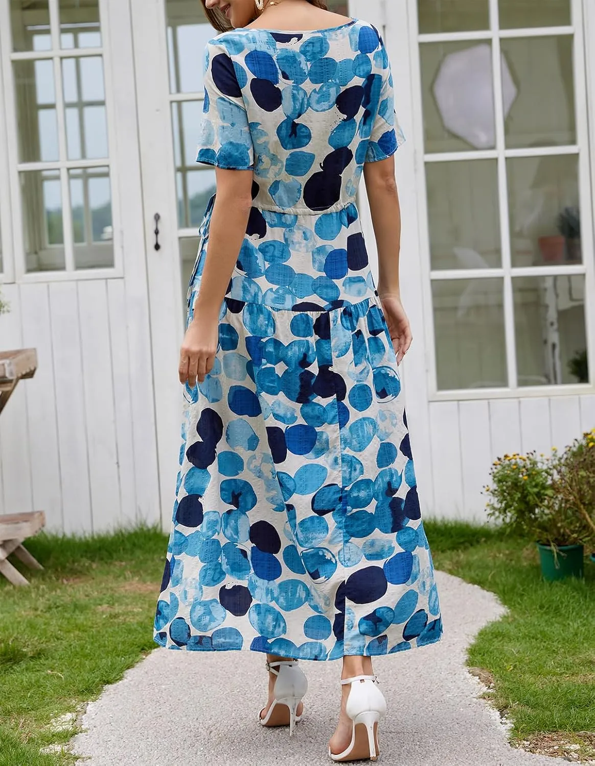 Kormei Women Casual Short Sleeve Loose Drawstring Bohemian Floral Dress Summer Beach Swing Long Maxi Dresses