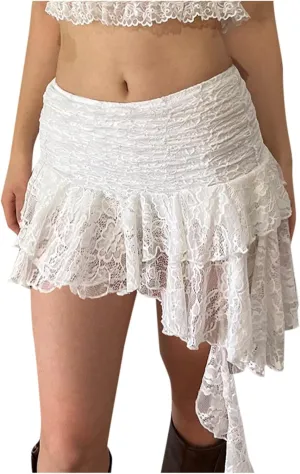 Ladies Fashion Casual Ballet Style Solid Color Irregular Wave Hem High Waist Lace Skirt Mini Skirt