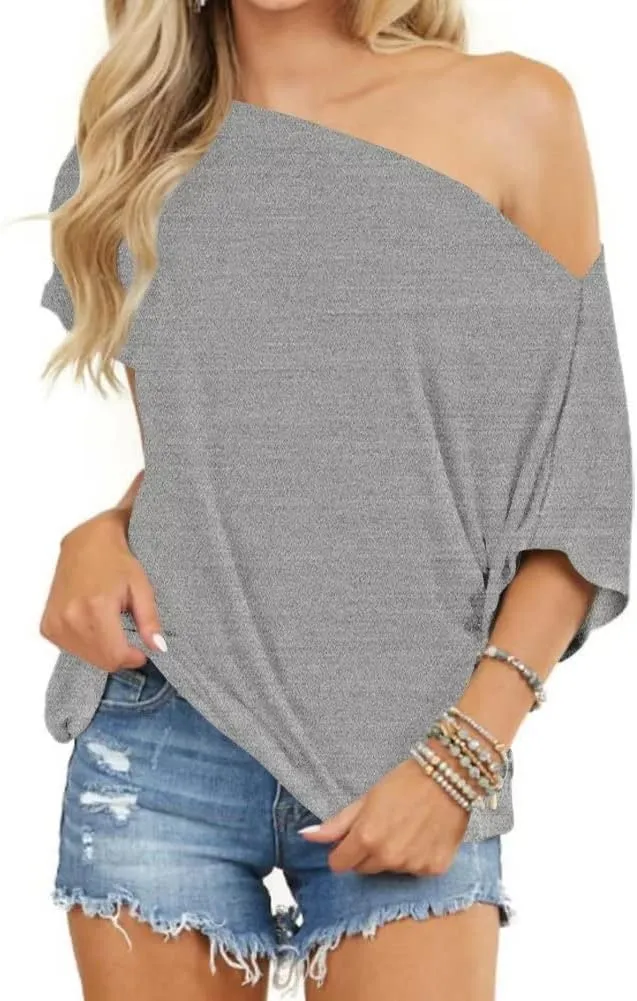 LEEDYA Women Off Shoulder Tops Short Sleeve T-Shirts Loose Blouses Oversized Tunic Tops