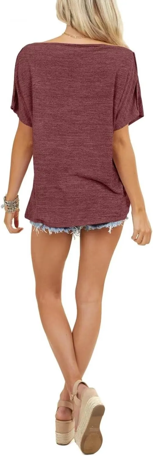 LEEDYA Women Off Shoulder Tops Short Sleeve T-Shirts Loose Blouses Oversized Tunic Tops