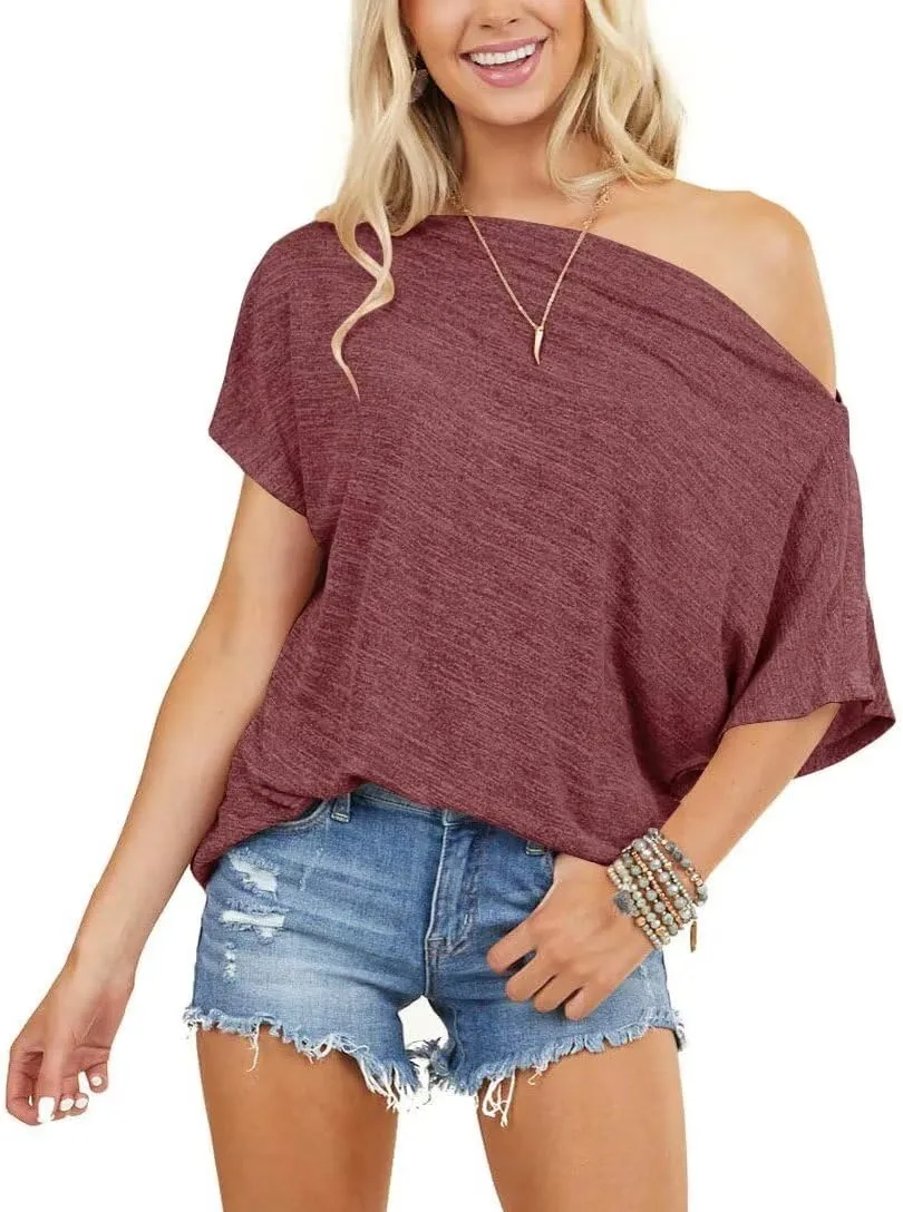 LEEDYA Women Off Shoulder Tops Short Sleeve T-Shirts Loose Blouses Oversized Tunic Tops