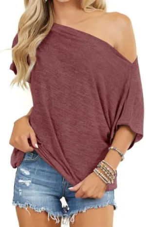 LEEDYA Women Off Shoulder Tops Short Sleeve T-Shirts Loose Blouses Oversized Tunic Tops