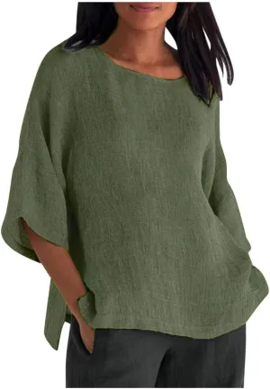 Linen Shirts for Women Loose Fit Casual 3/4 Sleeve Tops Retro Print Tshirt Tunic Cotton Blouse 2025 Summer Basic Tees