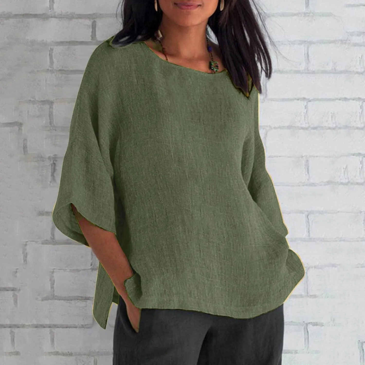 Linen Shirts for Women Loose Fit Casual 3/4 Sleeve Tops Retro Print Tshirt Tunic Cotton Blouse 2025 Summer Basic Tees