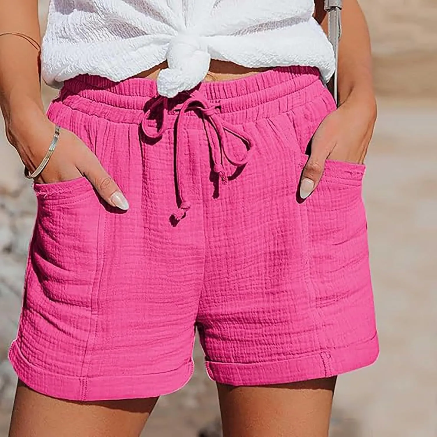 Linen Shots for Women Summer Drawstring Elastic High Waist Beach Resort Wear Casual Dressy Short Pants with Pockets