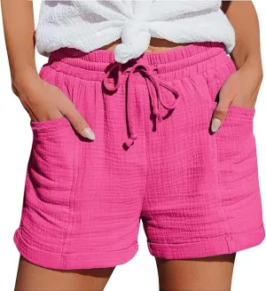 Linen Shots for Women Summer Drawstring Elastic High Waist Beach Resort Wear Casual Dressy Short Pants with Pockets