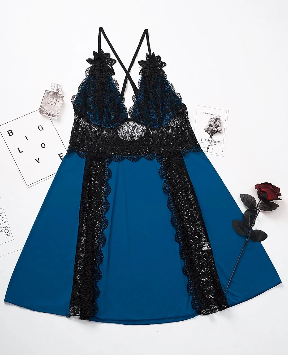 LINGERLOVE Plus Size Lingerie Set for Women Sexy V Neck babydoll Chemises Lace Mesh Nightgown M-4XL