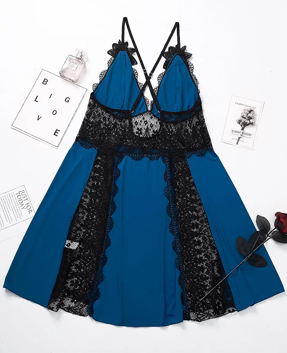 LINGERLOVE Plus Size Lingerie Set for Women Sexy V Neck babydoll Chemises Lace Mesh Nightgown M-4XL