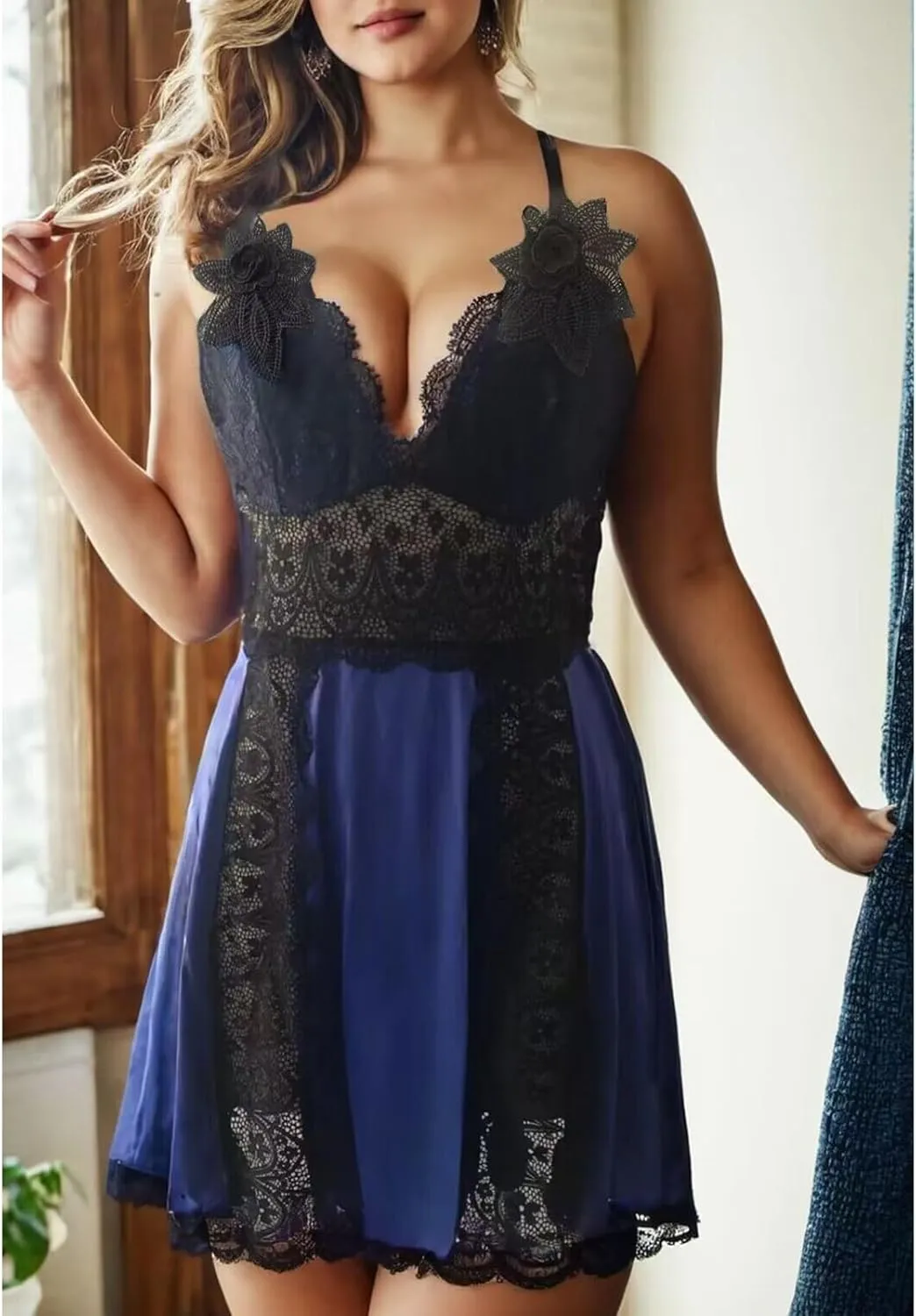 LINGERLOVE Plus Size Lingerie Set for Women Sexy V Neck babydoll Chemises Lace Mesh Nightgown M-4XL