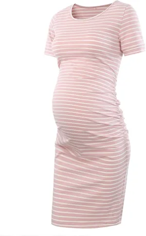 Liu & Qu Women's Maternity Bodycon Ruched Side Dress Casual Short & 3/4 Sleeve Dress for Daily Wearing Or Baby Shower