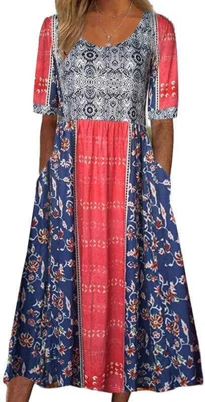 LOAIHA Women's Bohemian Floral Printed Maxi Dress Colorful Summer Casual Loose Flowy Dresses with Pockets