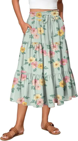 Long Skirts for Women Floral Print Boho Maxi Skirt Elastic High Waist Drawstring Pleated Flowy Skirts with Pockets